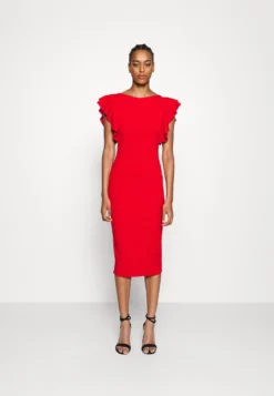 Contrast Frill Sleeve Midi Dress - Jerseyjurk - Red/Fuchsia