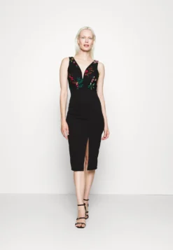 Embroidered V Neck Rose Midi - Jurk - Black Floral
