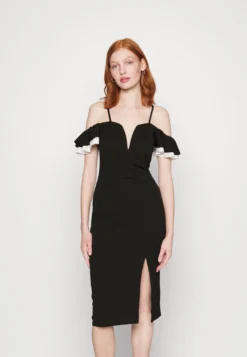 Wal G Simah Frill Midi Dress - Jerseyjurk - Black/White