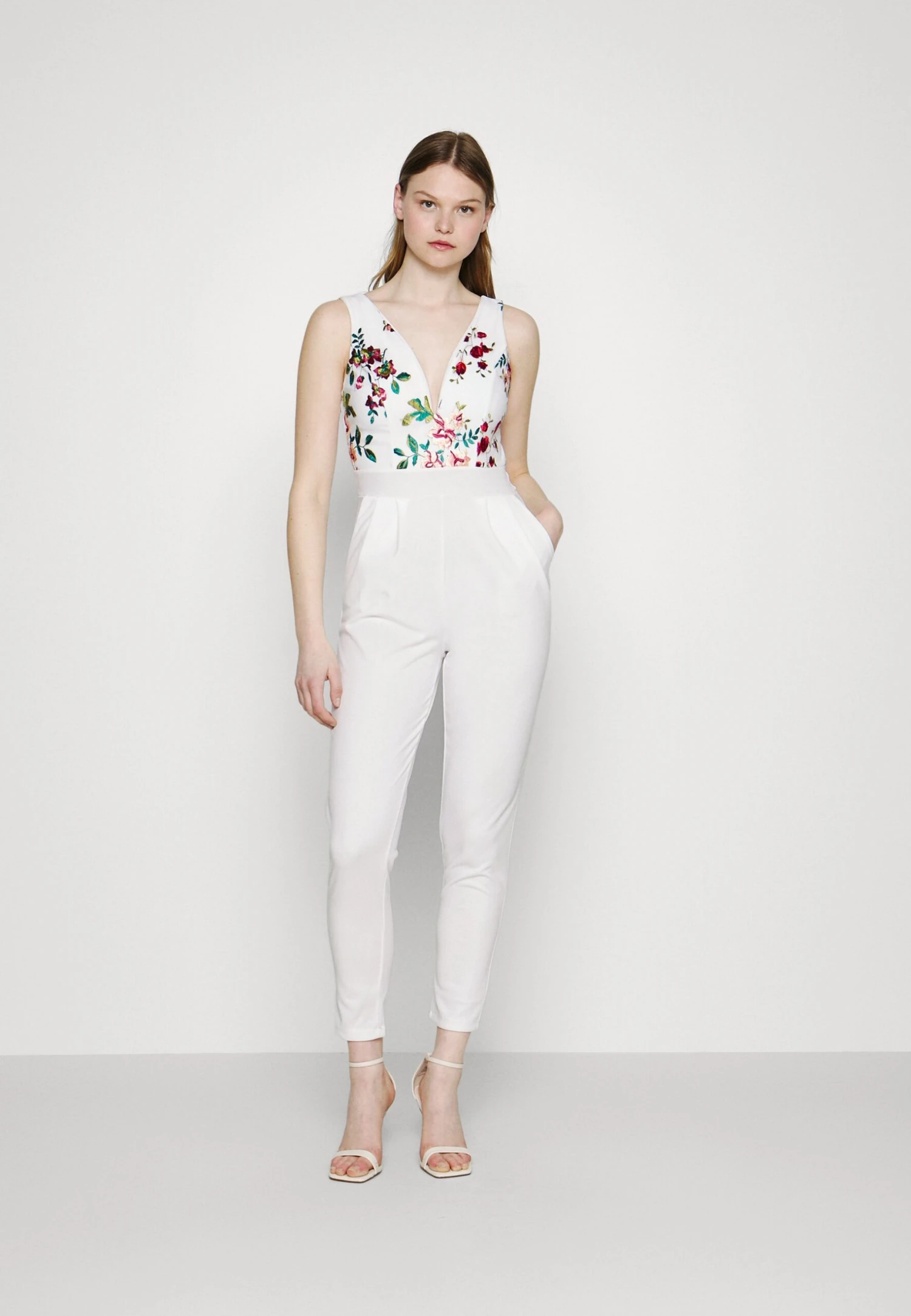 Wal G Print Contrast Plunge- Jumpsuit - White 1 Wal G Print Contrast Plunge- Jumpsuit - White