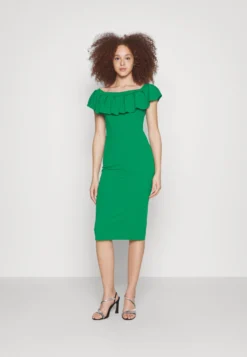 Wal G Himani Frill Neck Midi Dress - Jerseyjurk - Leaf Green