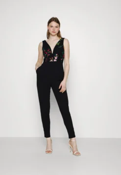 Wal G Print Contrast Plunge- Jumpsuit - Black Floral