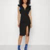 V Neck Ruffle Sleeve Midi Dress - Cocktailjurk - Black/Royal Blue