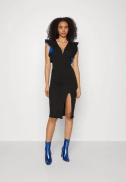 V Neck Ruffle Sleeve Midi Dress - Cocktailjurk - Black/Royal Blue
