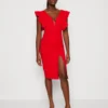 Wal G V Neck Ruffle Sleeve Midi Dress - Jerseyjurk - Red/Fushia