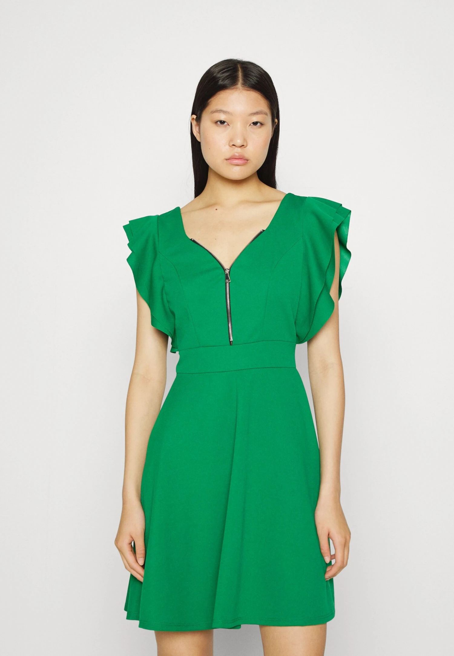 Wal G Danya Ruffle Sleeve Zip Skater Dress - Jerseyjurk - Leaf Green 1 Wal G Danya Ruffle Sleeve Zip Skater Dress - Jerseyjurk - Leaf Green